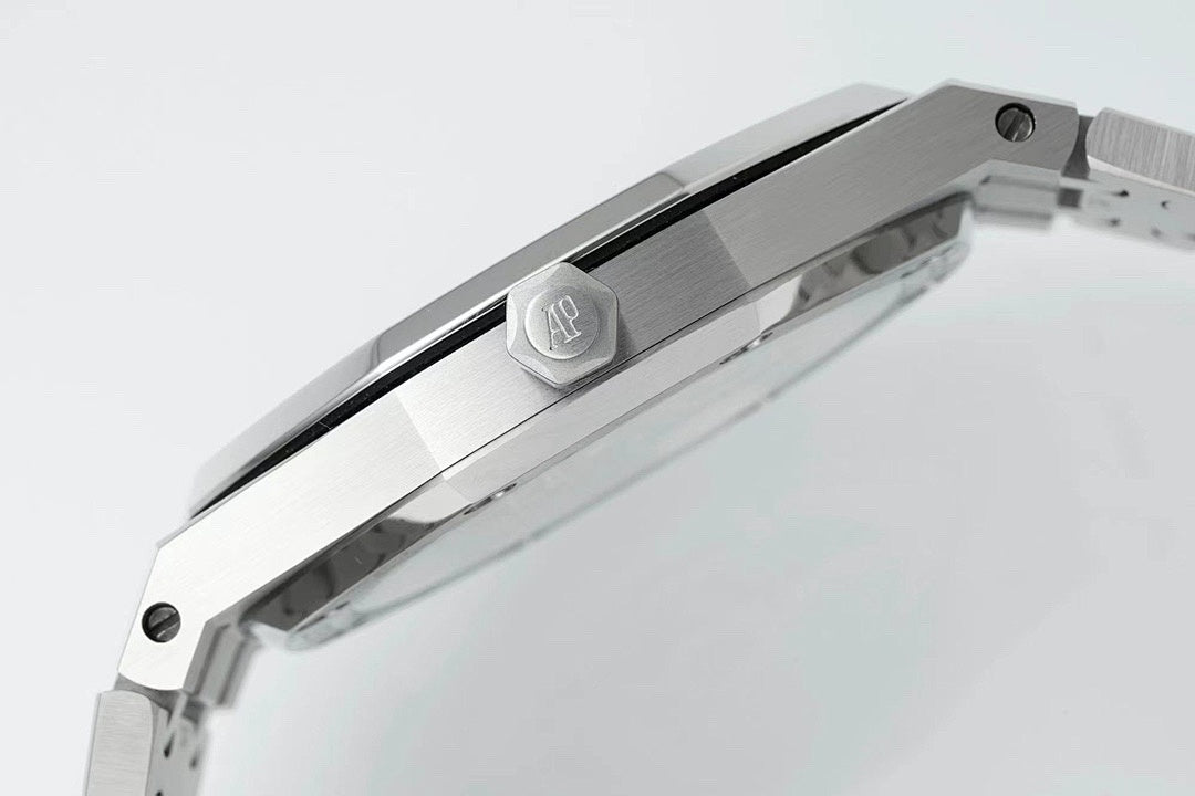 Audemars Piguet stainless steel watch case side with crown and protective bezel