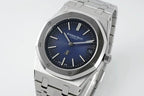 Audemars Piguet stainless steel watch with blue dial and bracelet, view from front-left