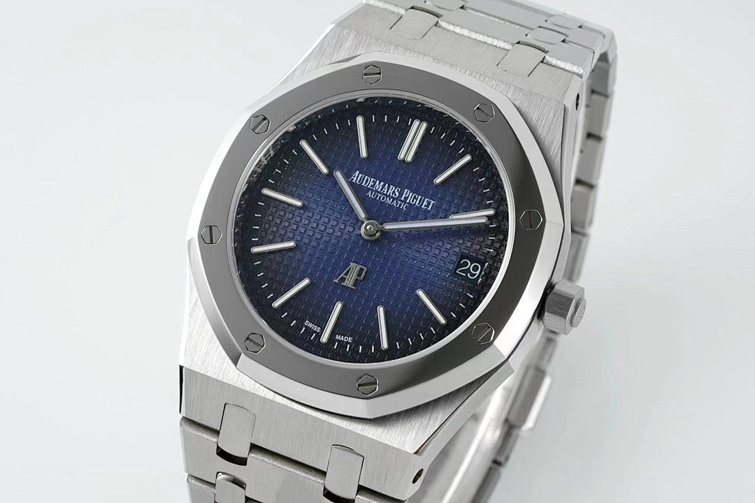 Audemars Piguet stainless steel watch with blue dial and bracelet, view from front-left