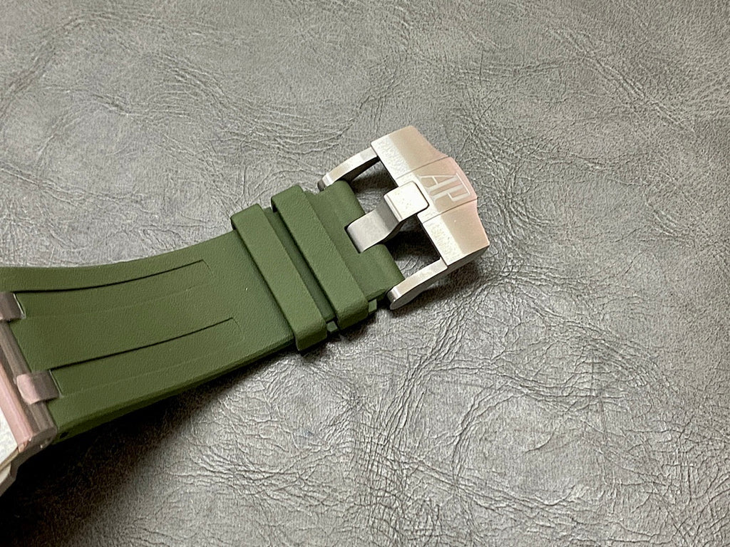 Green silicone watch strap with metal buckle clasp