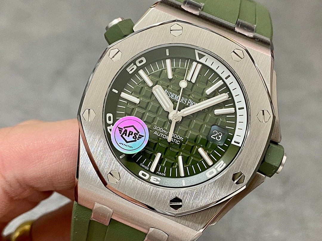 Audemars Piguet Royal Oak offshore watch with green dial and green silicone strap
