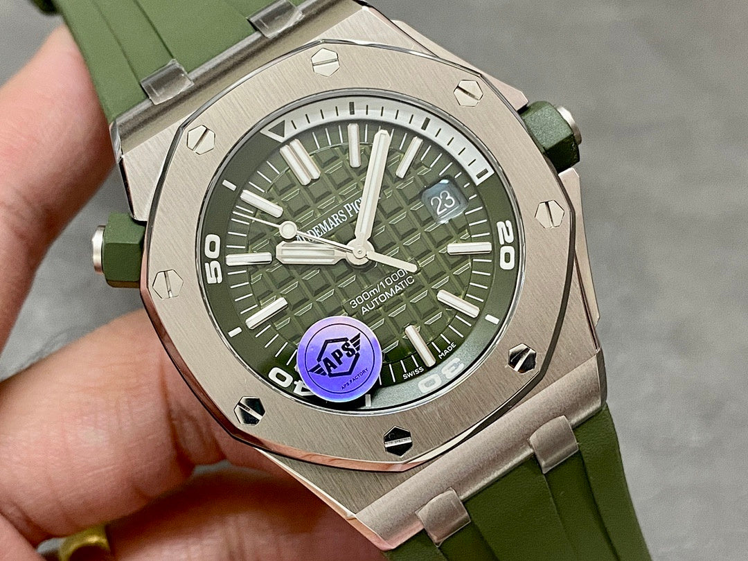 Close-up of Audemars Piguet watch dial with green sunburst pattern and date window