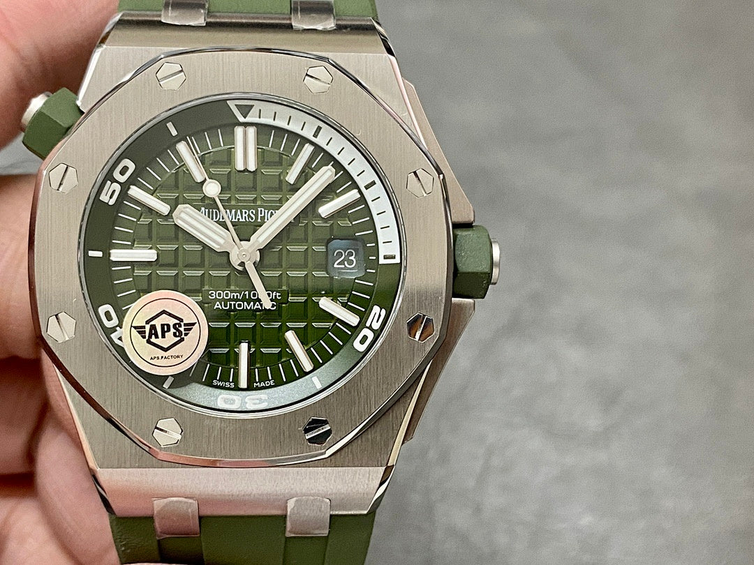 Audemars Piguet Royal Oak offshore watch front with green dial and green silicone strap