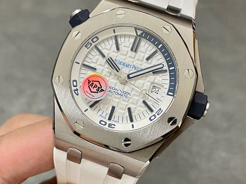 Audemars Piguet watch, white dial with blue markers, on white rubber strap