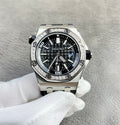 Audemars Piguet Royal Oak watch with black dial, diamond bezel, steel case