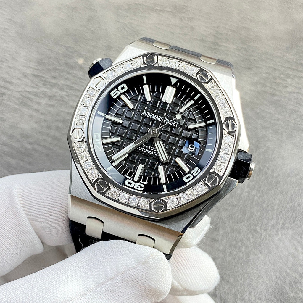Audemars Piguet Royal Oak watch with black skeleton dial and diamond bezel
