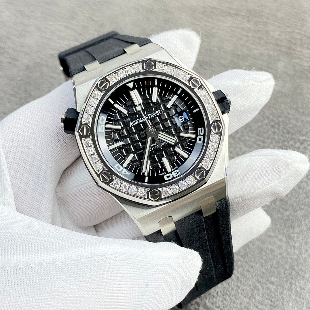 Audemars Piguet Royal Oak watch front with black dial, diamond bezel, metal links