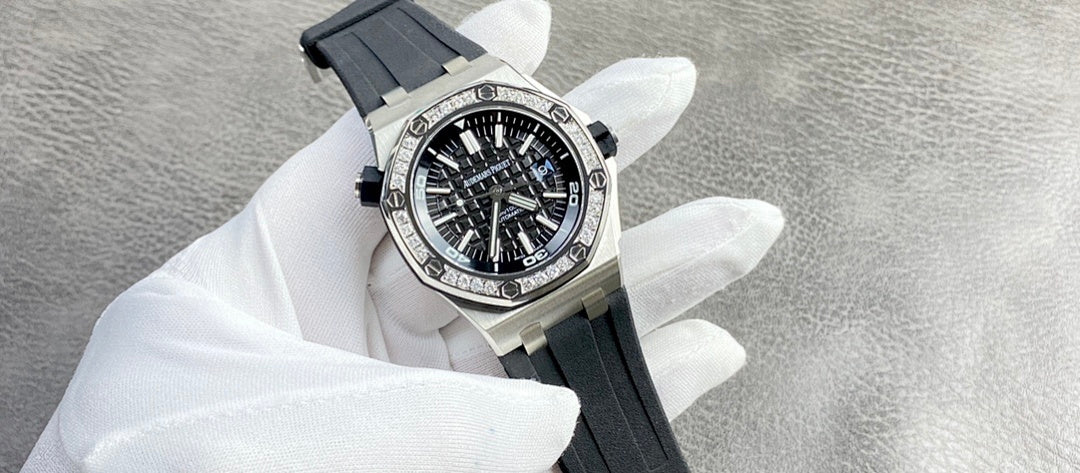 Audemars Piguet watch with dark leather strap, diamond bezel steel case