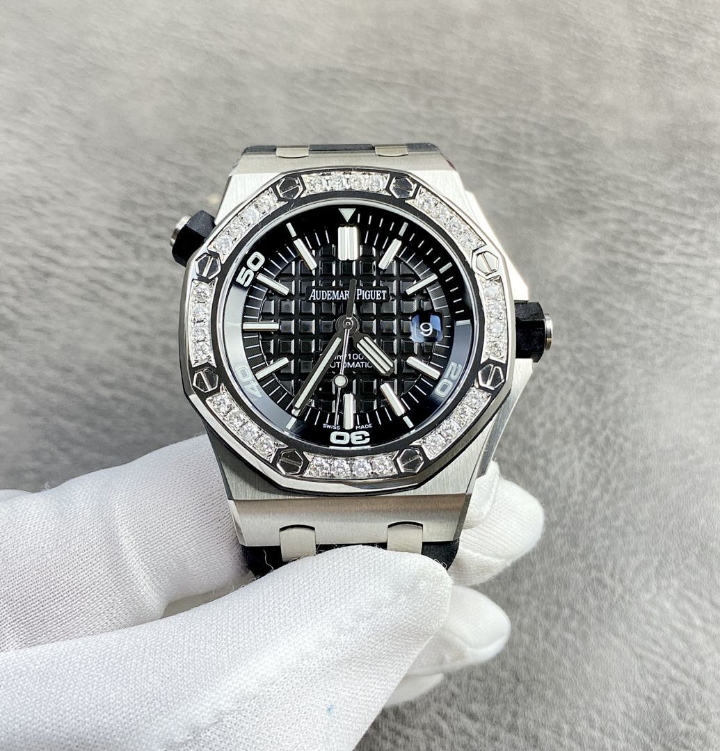 Audemars Piguet Royal Oak watch with black dial, diamond studded bezel, steel bracelet