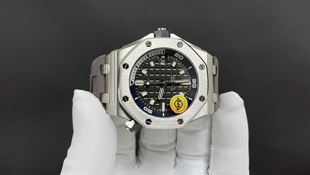 Audemars Piguet watch front view, black dial with subdials and bold markings, stainless steel