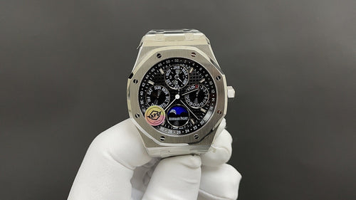 Stainless steel Audemars Piguet octagonal watch with black dial and subdials