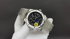 Stainless steel Audemars Piguet watch with black dial and metal bracelet, side view