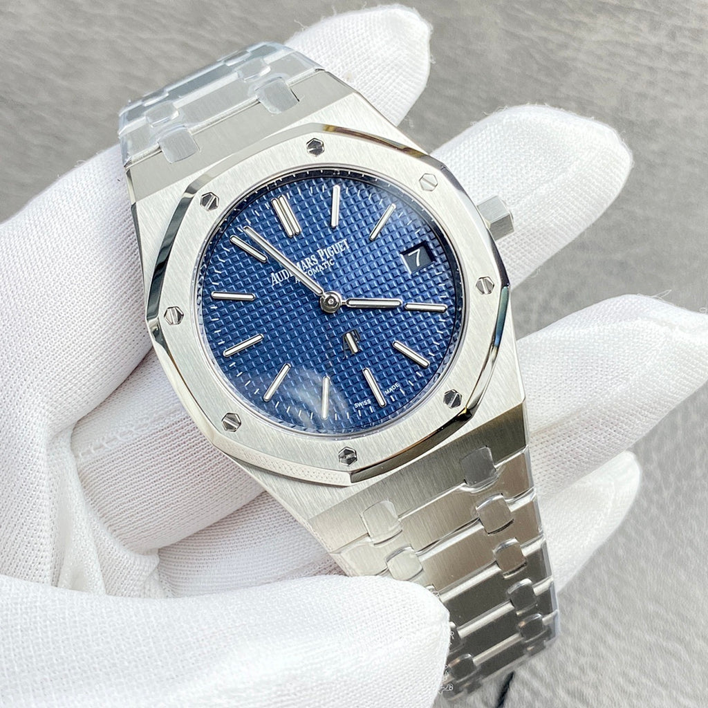 Audemars Piguet watch with blue dial, silver bezel and bracelet, angled front view