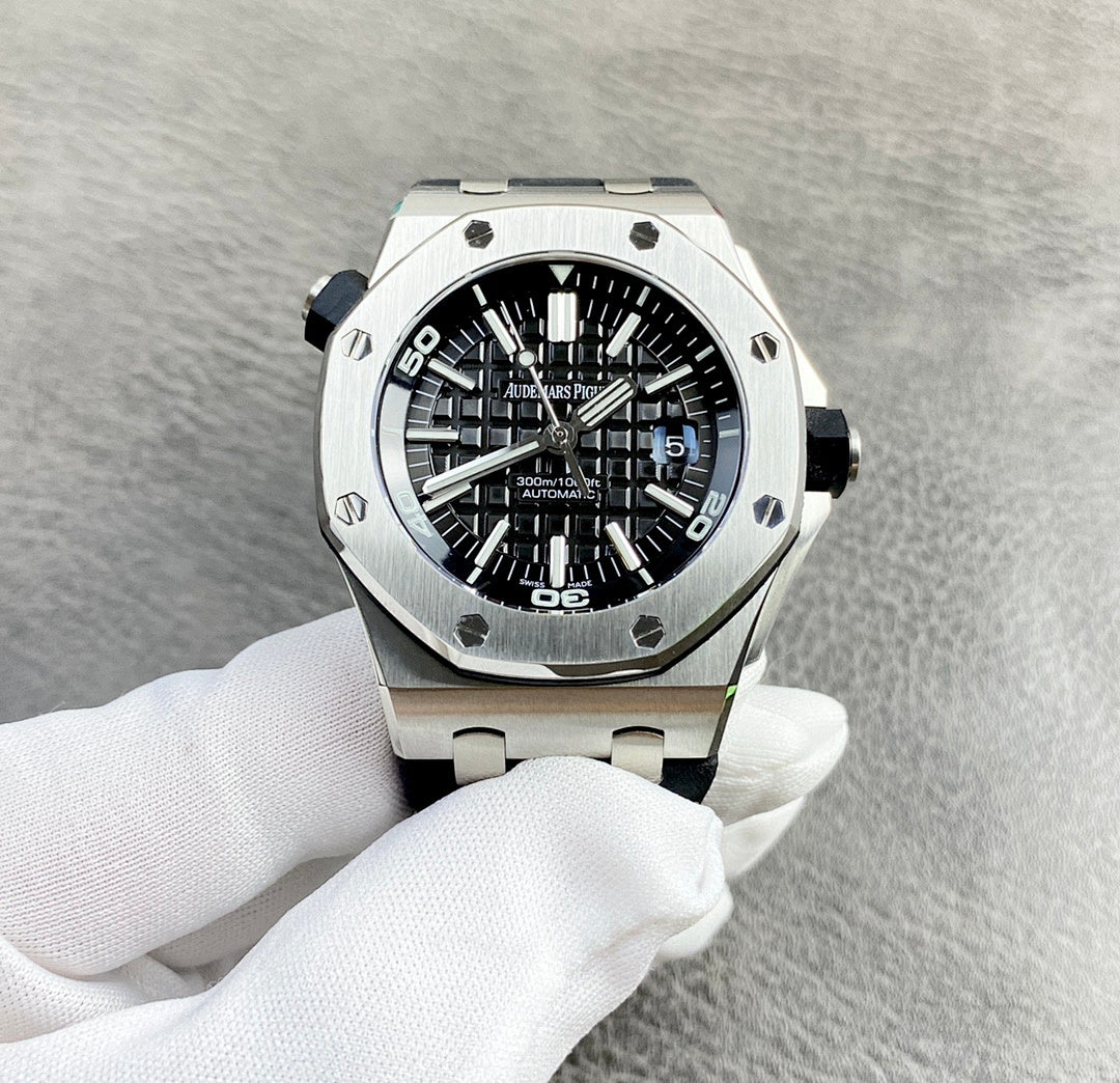 Audemars Piguet Royal Oak Offshore watch with black dial, steel bezel, and black rubber strap
