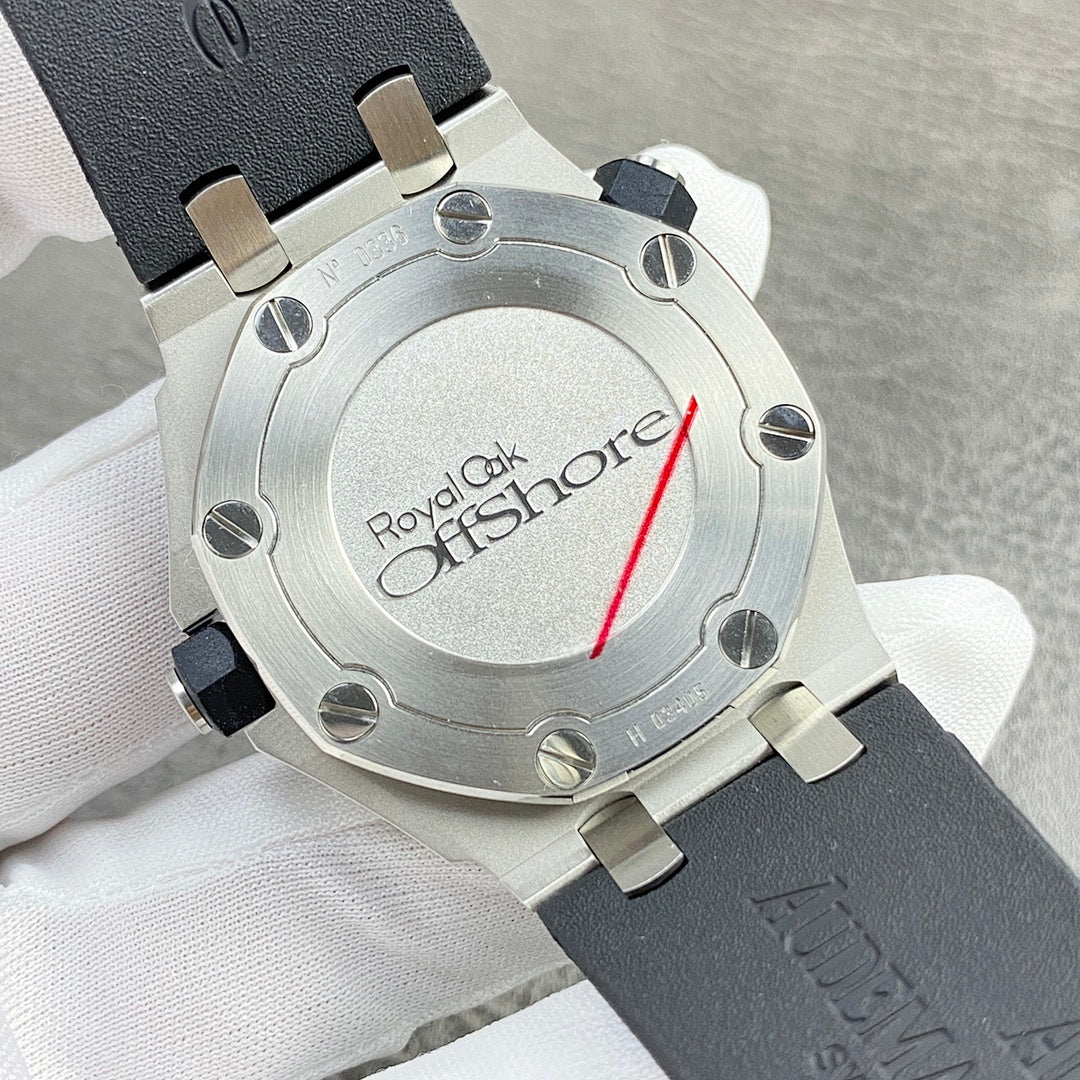 Audemars Piguet Royal Oak Offshore watch case back with engraved text and black strap