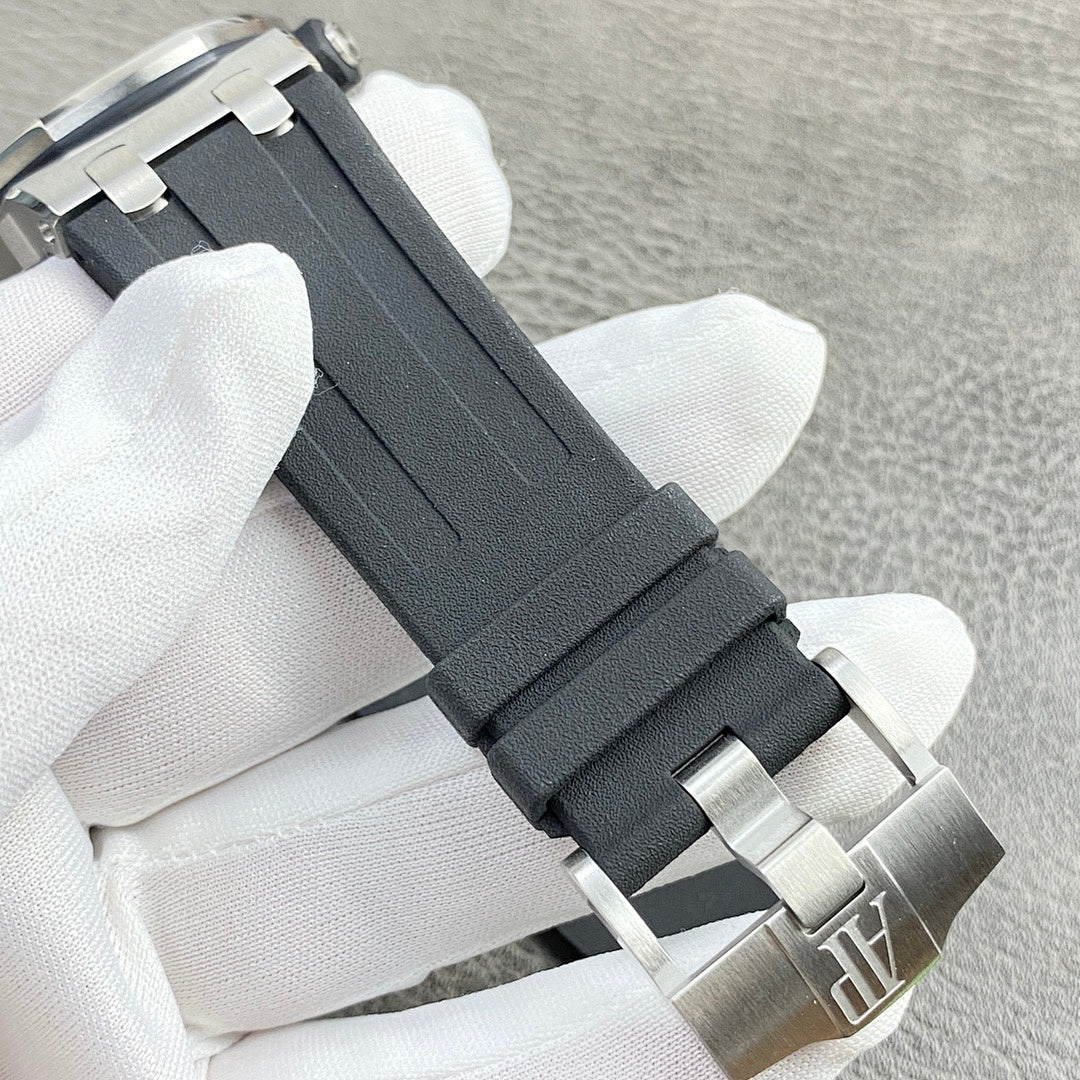 Audemars Piguet Royal Oak Offshore watch view with black rubber strap and metal clasp