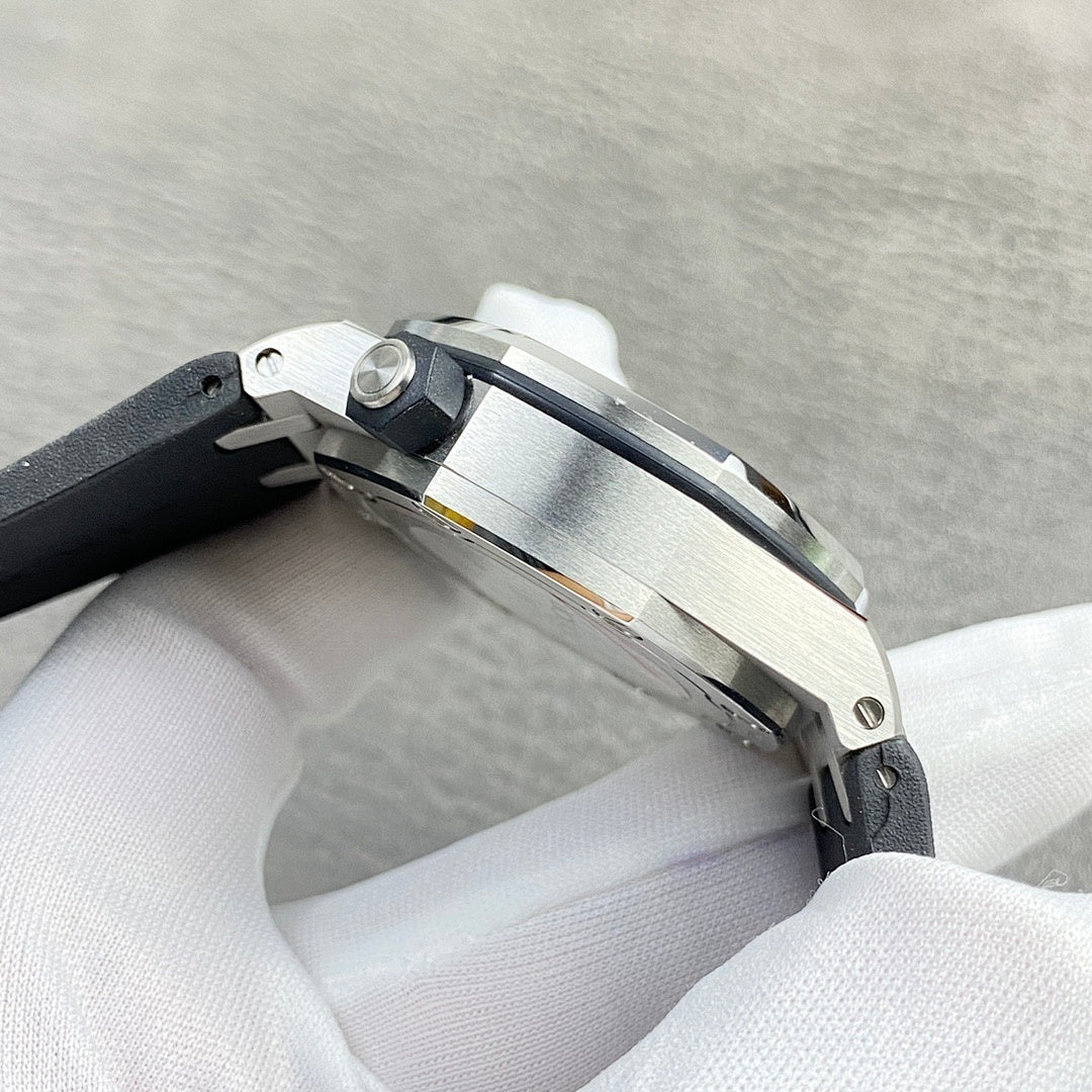 Audemars Piguet Royal Oak Offshore watch side profile with metal case and black strap