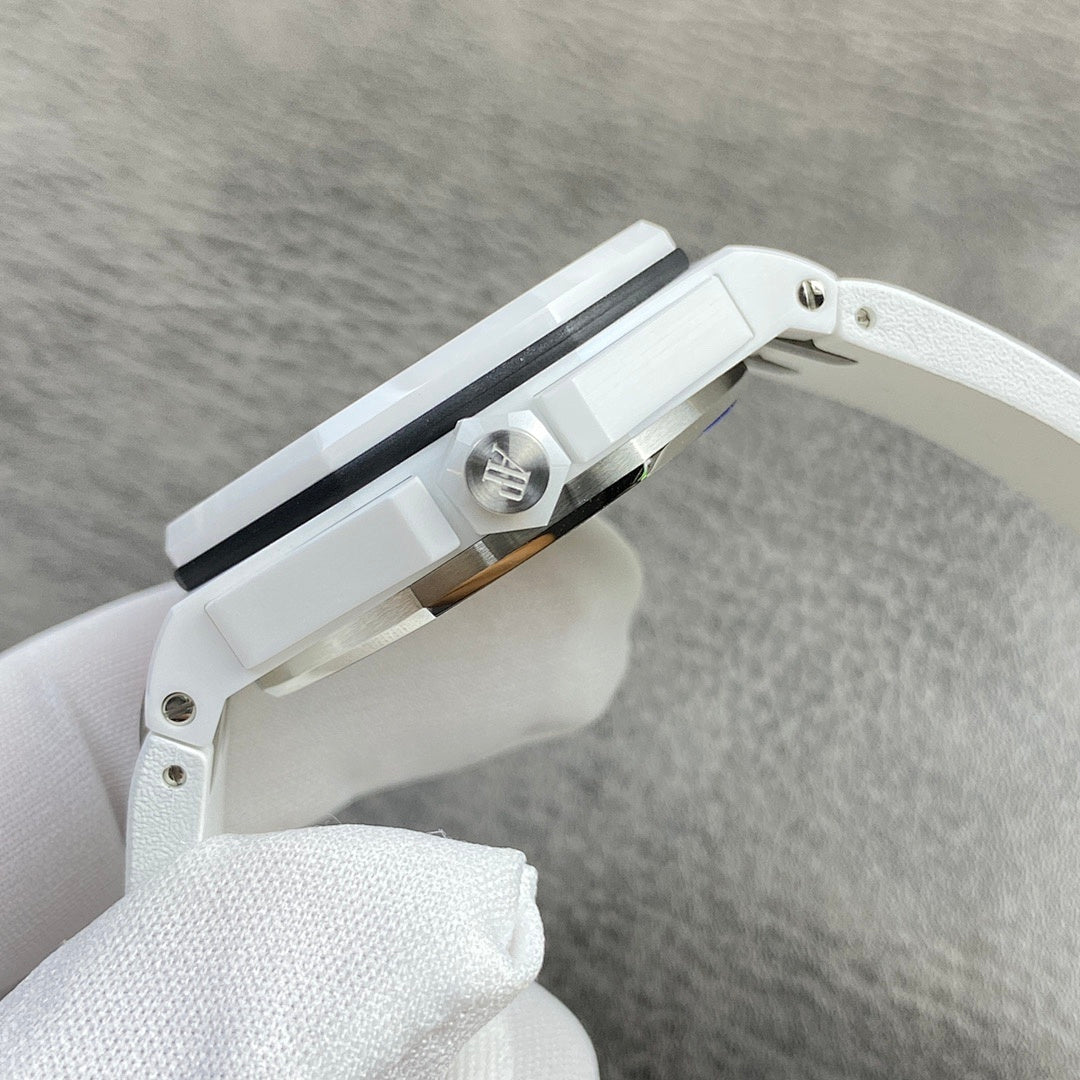 White rubber watch case with rear hardware and silver-toned accents.