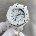 White sports watch with blue dial ring, white dial, and black bezel marker teeth.