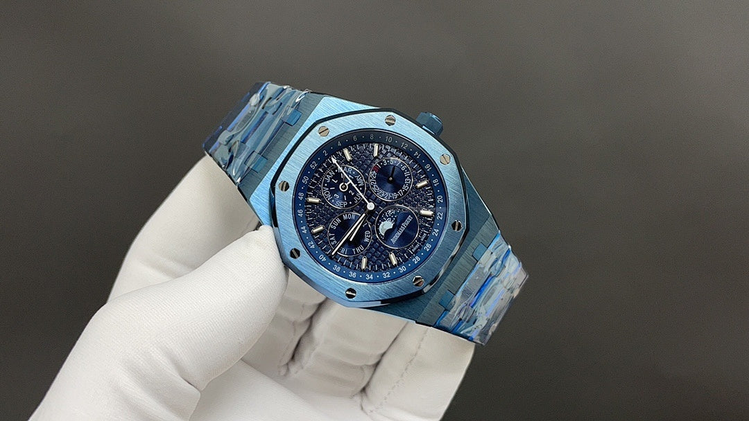 Audemars Piguet watch angled view showing blue dial and blue link bracelet