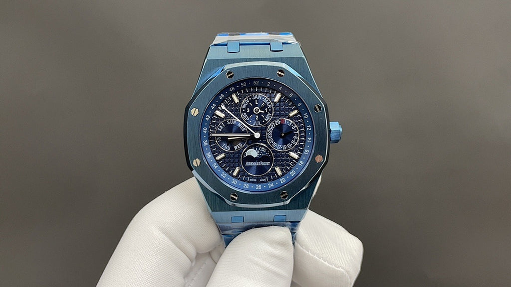 Audemars Piguet watch front view with blue dial and blue link bracelet