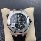 Audemars Piguet Royal Oak watch, black dial with visible details, steel case, black strap