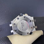 Audemars Piguet Royal Oak watch caseback with engraved metal back and black strap