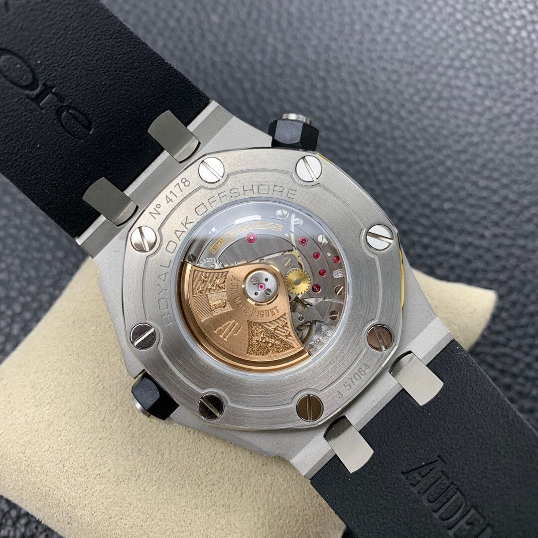 Audemars Piguet watch with exposed mechanical caseback design and black rubber strap