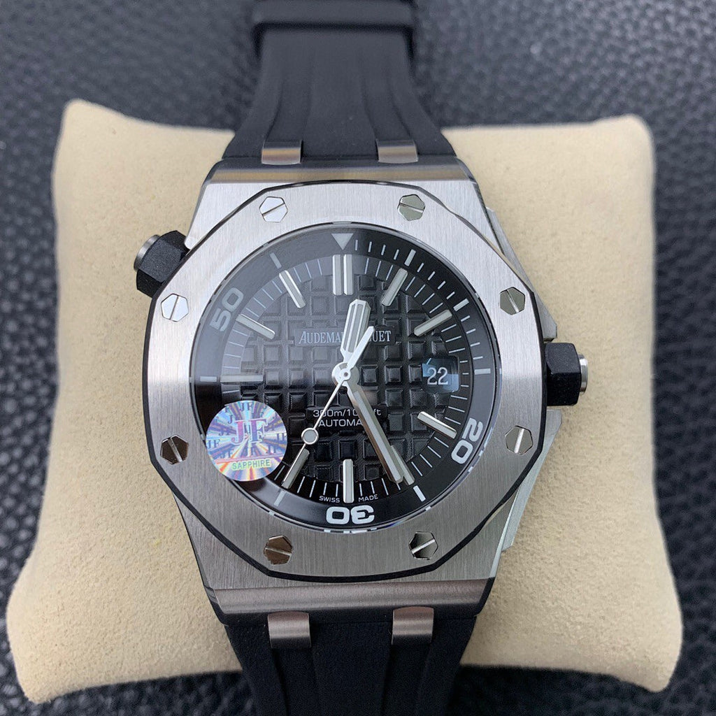 Audemars Piguet Royal Oak watch with black dial, steel case, black rubber strap