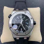 Audemars Piguet Royal Oak watch with black dial, steel case, black rubber strap