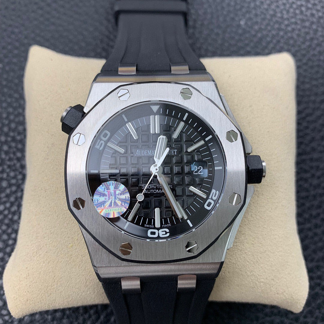 Audemars Piguet Royal Oak watch with black dial, steel case, black rubber strap