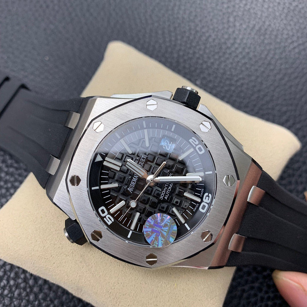 Audemars Piguet Royal Oak watch front view, black dial with iridescent detail, black strap