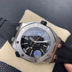 Audemars Piguet Royal Oak watch front view, black dial with iridescent detail, black strap