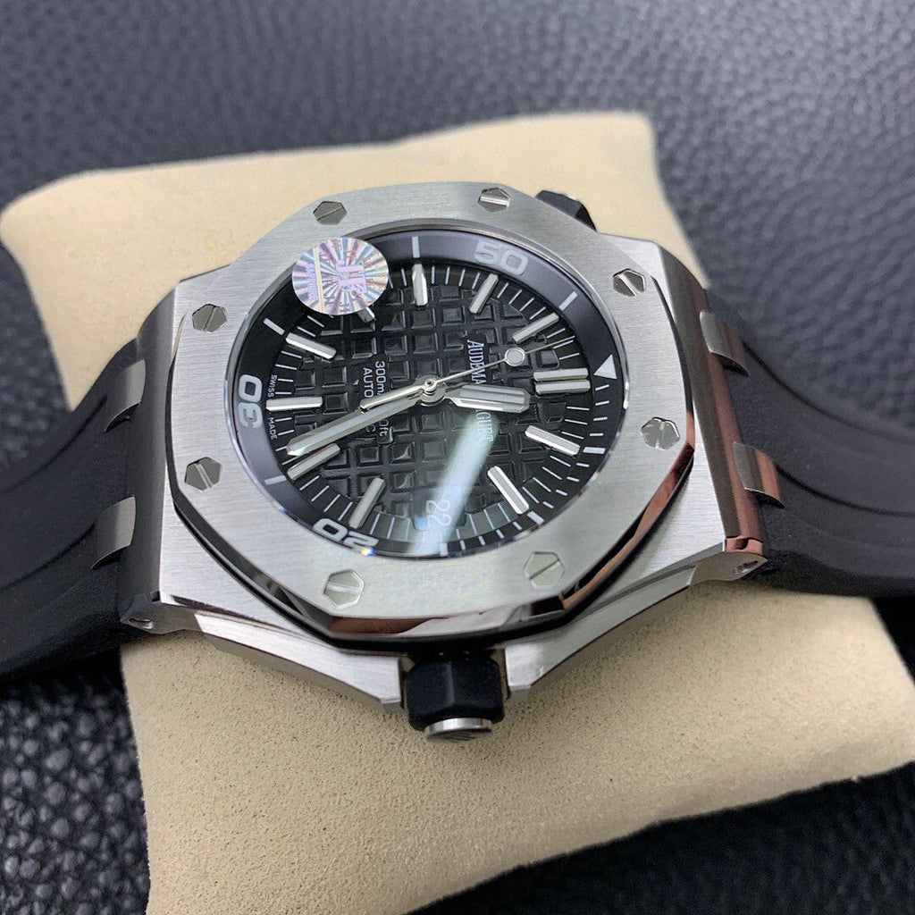 Audemars Piguet Royal Oak watch with black dial, steel case, black strap, close angle