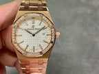 Gold-tone wristwatch with diamond bezel, textured white dial, and date window