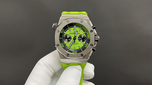 Audemars Piguet wristwatch with green dial and neon green rubber strap, steel case
