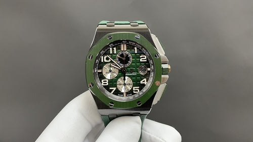 Audemars Piguet watch front view with green dial, steel bezel, and green strap