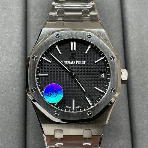 Steel wristwatch with black textured dial, baton markers, and blue/purple logo accents