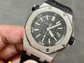 Stainless steel luxury sports watch with black dial and black rubber strap