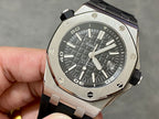 Stainless steel luxury sports watch with black dial and black rubber strap