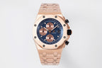 Rose gold Audemars Piguet watch, blue dial with three subdials and metal bracelet