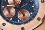 Audemars Piguet watch dial close-up, blue tachymeter scale with copper registers