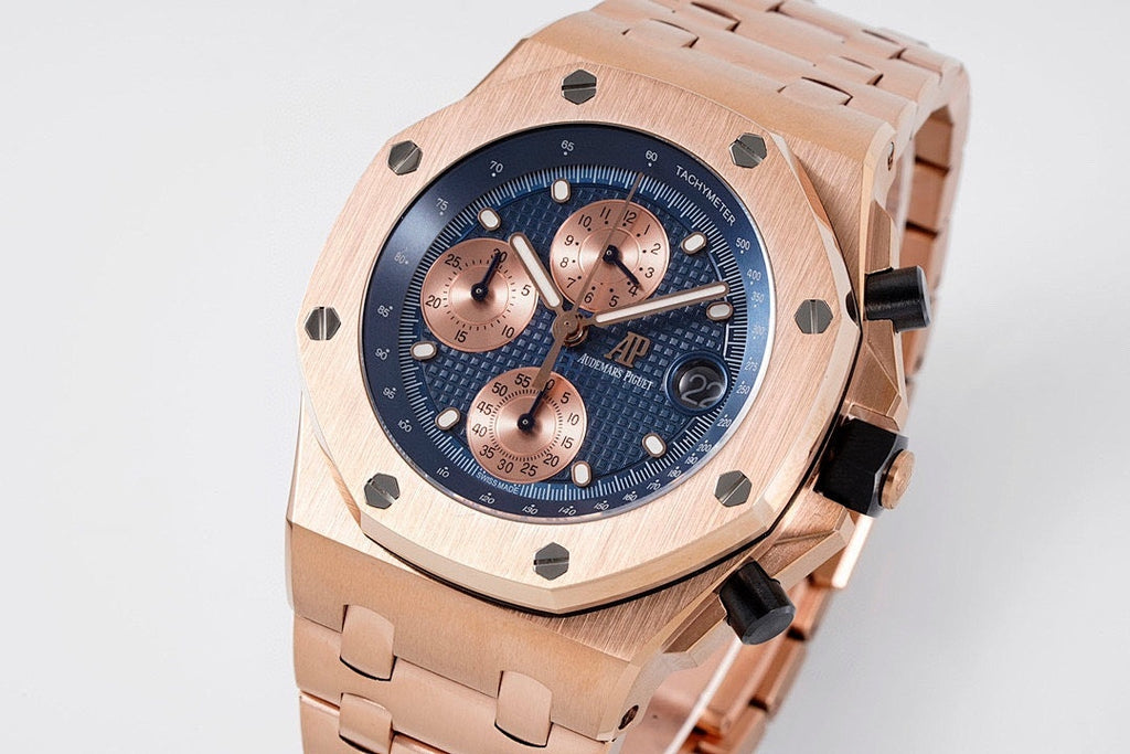 Rose gold Audemars Piguet watch angled view, blue dial with three copper subdials