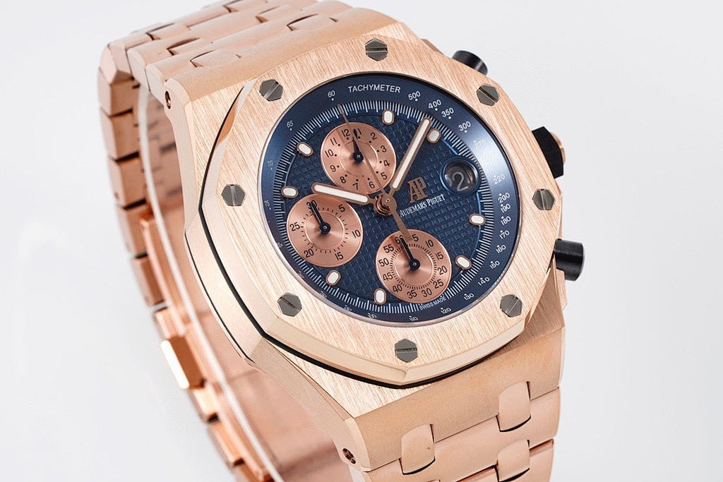 Rose gold Audemars Piguet watch front, octagonal case with blue tachymeter ring