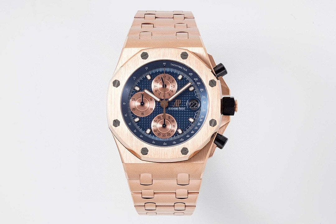 Rose gold Audemars Piguet watch, blue dial with copper subdials and linked bracelet