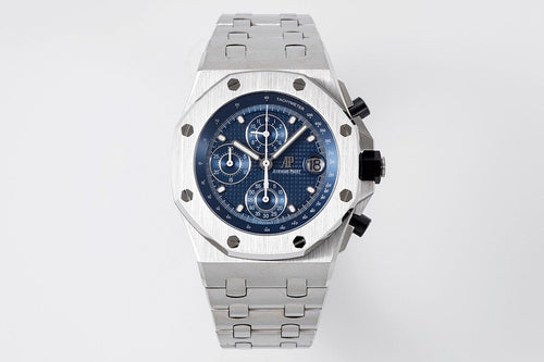 Audemars Piguet Royal Oak chronograph watch with blue dial and stainless bracelet
