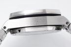 Stainless steel watch case profile with black bezel ring and brushed finish