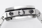 Stainless steel watch side profile with crown and pushers, brushed finish
