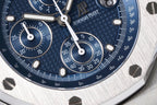 Close-up of Audemars Piguet blue dial with subdials and tachymeter scale