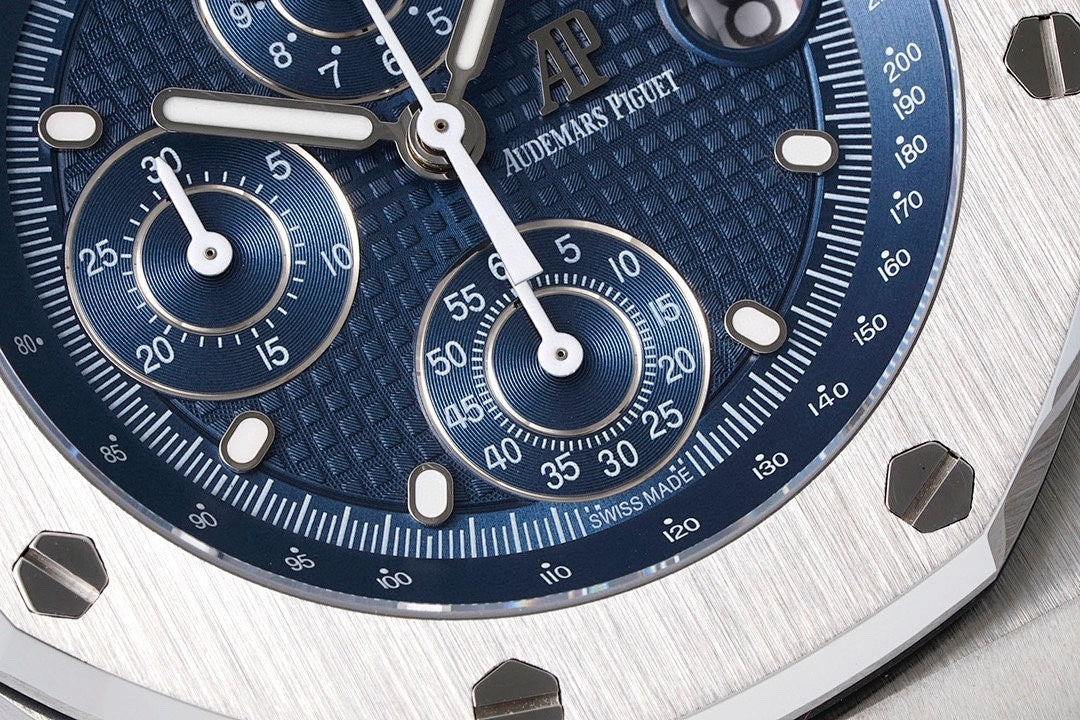 Close-up of Audemars Piguet blue dial with subdials and tachymeter scale